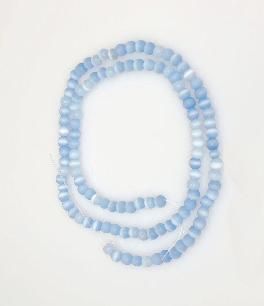 Perles rondes en verre œil de chat bleu clair mat, brin de 4 mm à 15 pouces