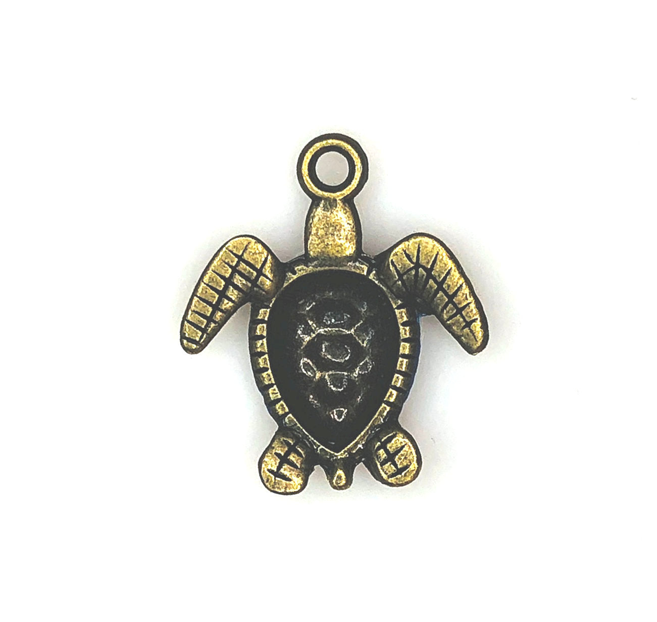 Hand-Painted Blue / Green Sea Turtle Antique Brass Plated Pendant / Charm, 28 x 24 mm