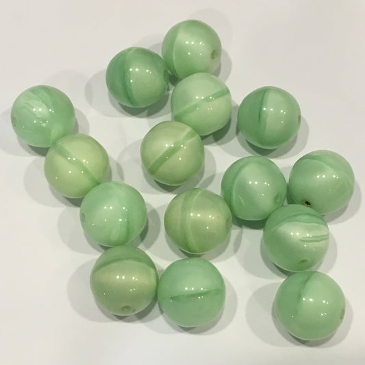 Green Banded Round Glass Beads,  14 mm , 15 Beads
