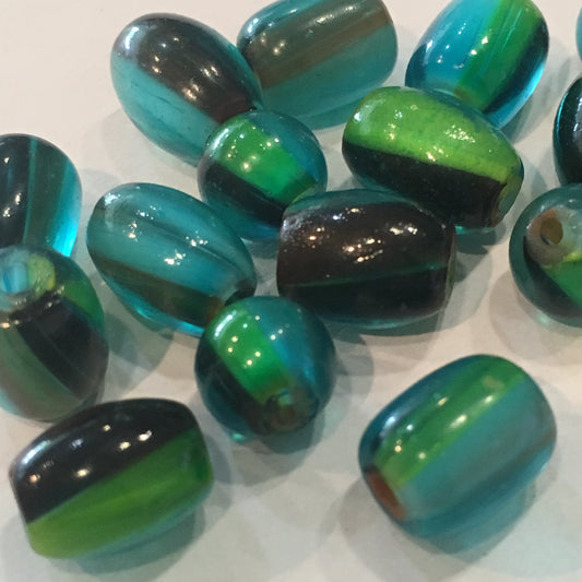 Green, Blue and Black Barrel Glass Beads 8-10 mm, 18 Beads