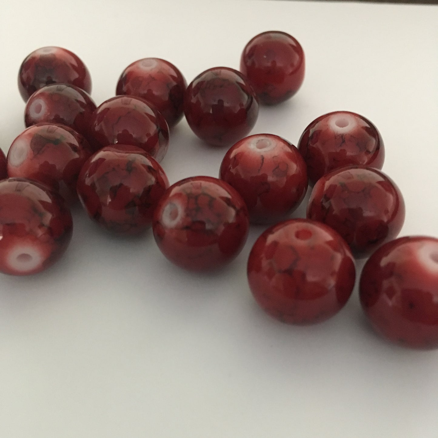 Red and Black Painted Glass Round Beads, 14 mm  - 17 Beads