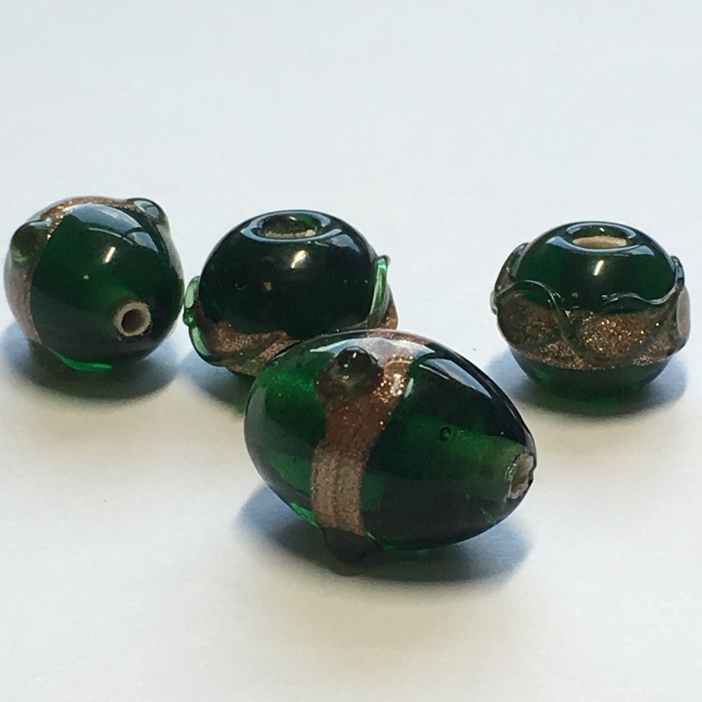 Green Glass Lampwork Beads, 12.5 x 10 mm Oval (2) and 9.5 x 12 mm Round (2)