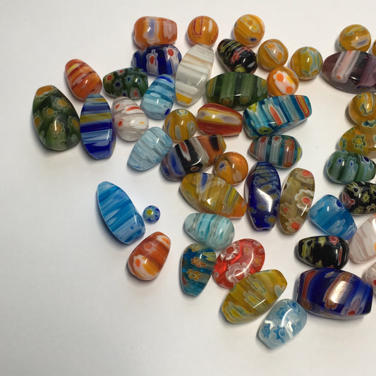 Multi-Color Millefiori Teardrop, Twist, and Round Glass Beads,  62 Beads