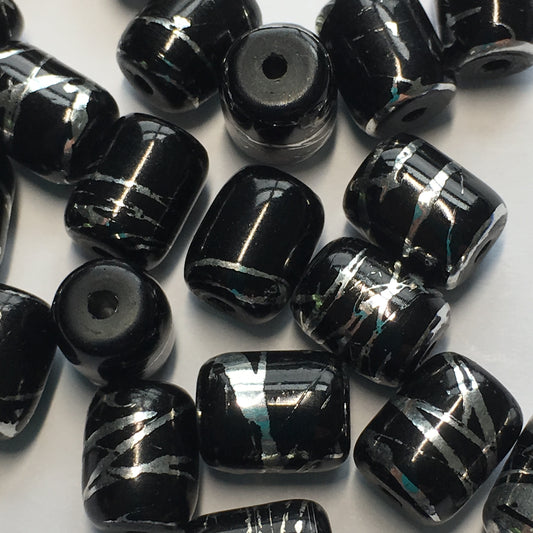 Opaque Black Glass Barrel Beads with Silver Drizzles, 10 x 8 mm, 18 Beads