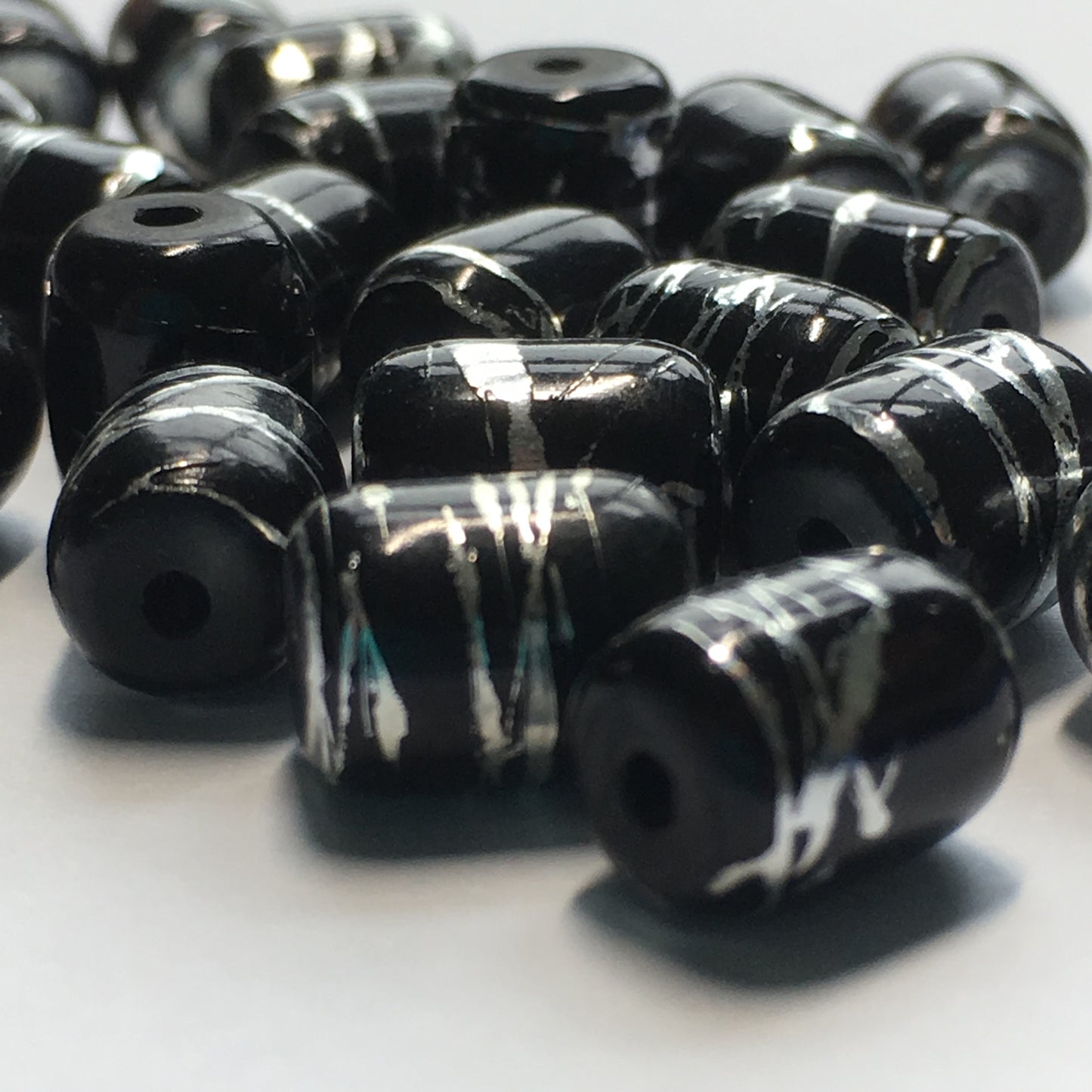 Opaque Black Glass Barrel Beads with Silver Drizzles, 10 x 8 mm, 18 Beads
