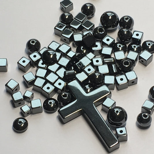 Hematite Glass Cross Necklace Kit, Beads Only, 84 Beads