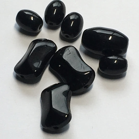 Opaque Black Glass, Oval and Pinched Rectangle Beads, 13 x 8, 8 x 6 and 14 x 9 x 6 mm, 8 Beads
