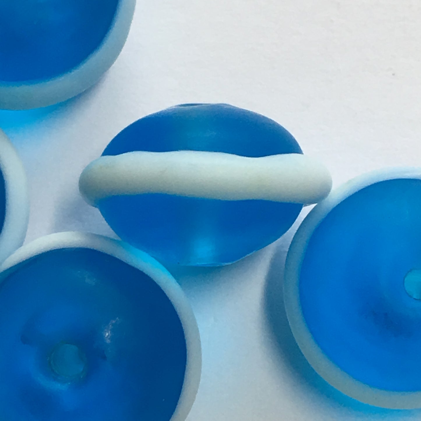 Blue Frosted Glass Lampwork Saucer Beads with White Swirl Band, 16 x 11 mm -  5 Beads