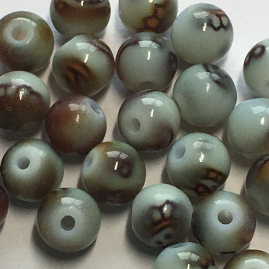 Green with Brown Pattern Glass Round Beads, 6 mm, 24 Beads