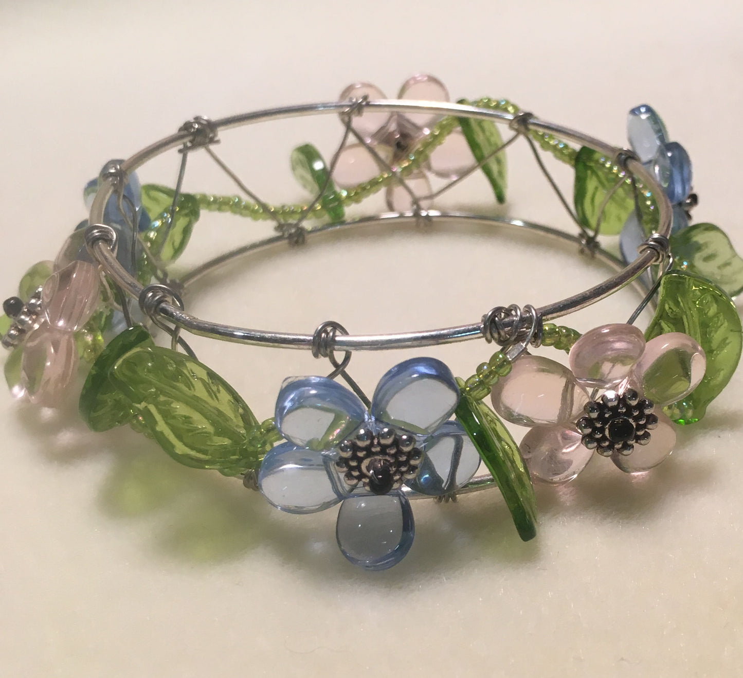 Pink and Blue Flower Beaded Bangle Bracelet