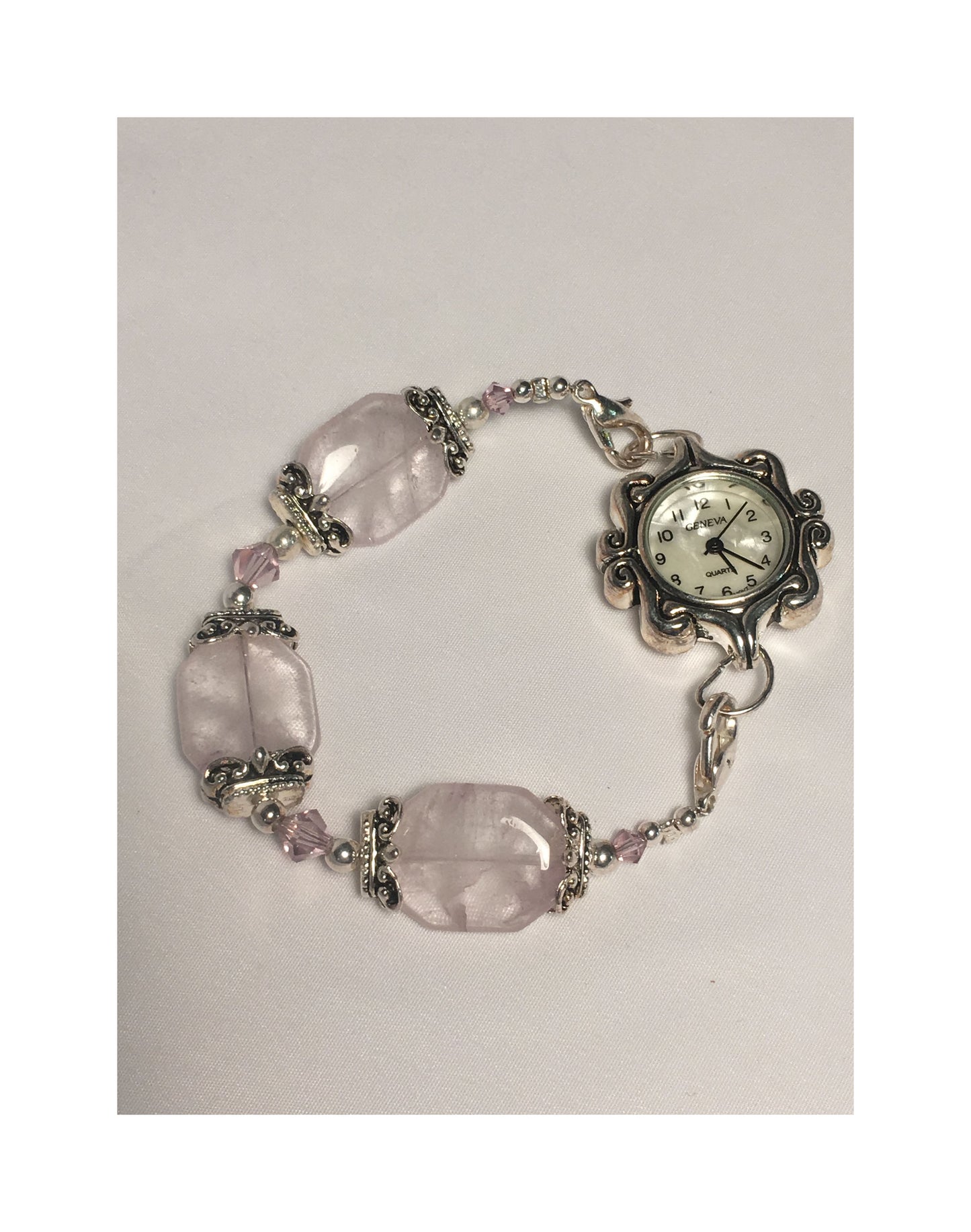 Hodinky Swarovski postříbřené, růžové krystaly Swarovski a růžové křemenné korálky, velikost 6