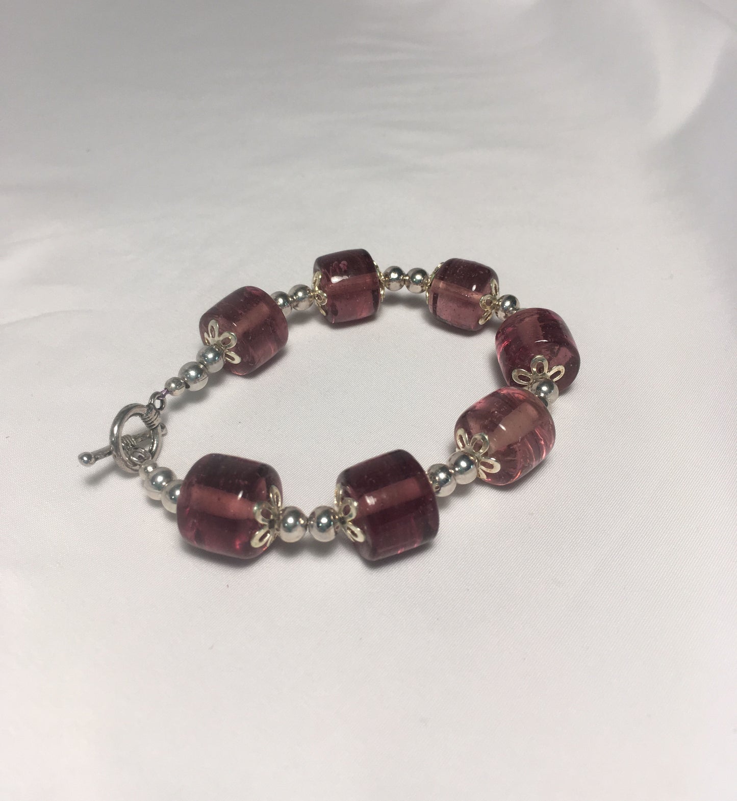 Purple Glass Barrel and Silver Bead Bracelet