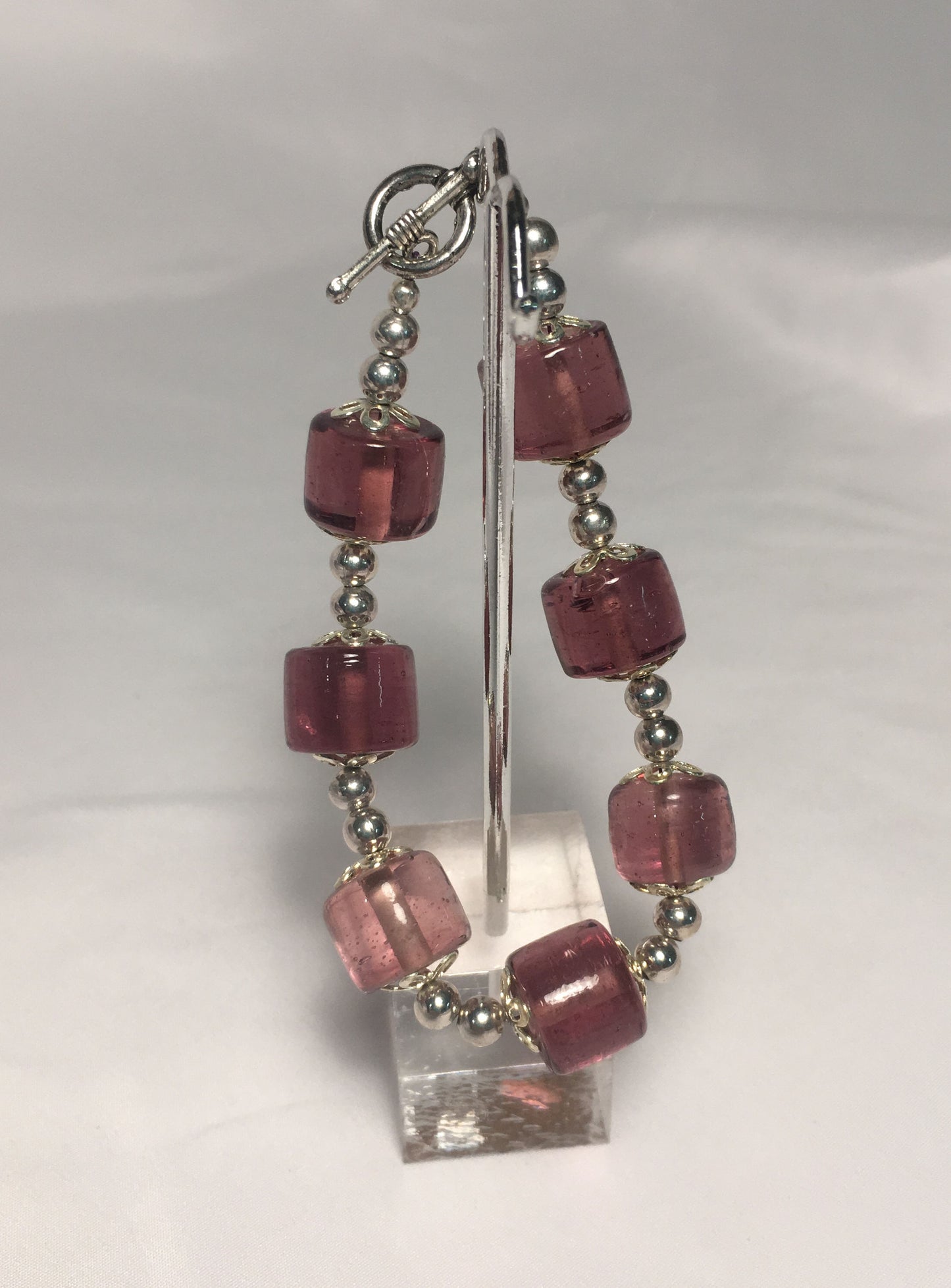 Purple Glass Barrel and Silver Bead Bracelet