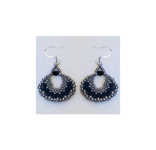 Peyote Fan Black and Silver Dangle Earrings