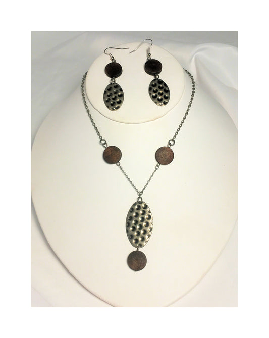 Hammered Metal and Wood Necklace and Dangle Earring Set