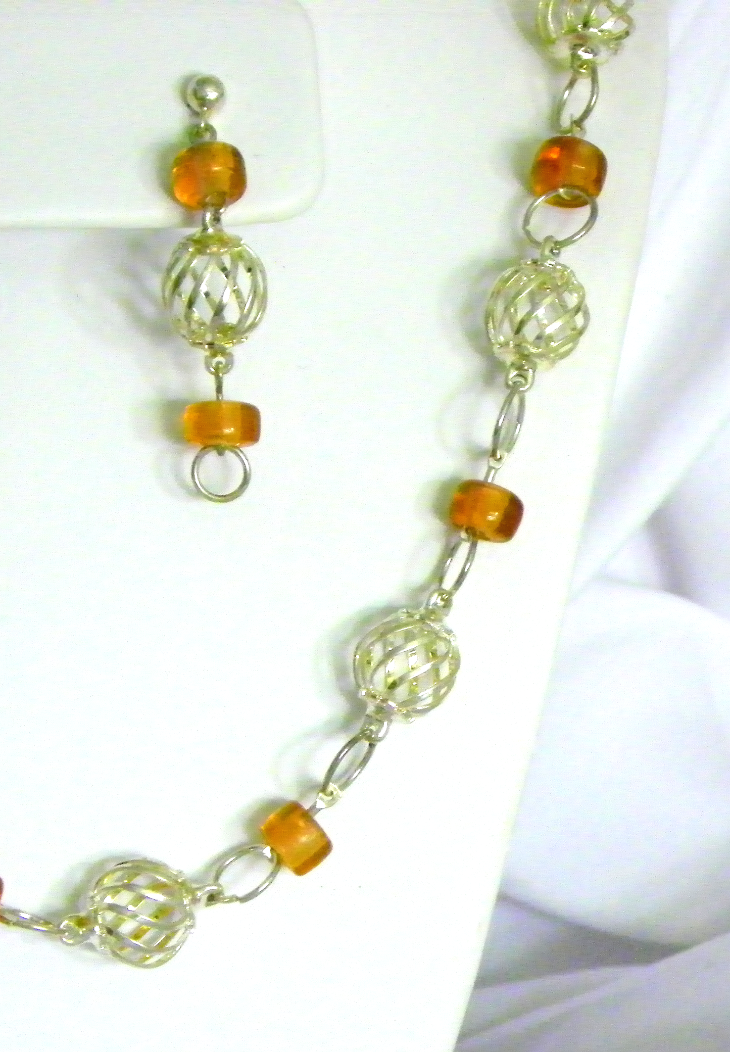 Silver Plated Spiral Wire Ball and Amber Beads Necklace and Earring Set