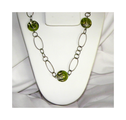 Pewter Finish Chain and Green Lampwork Glass Bead Necklace