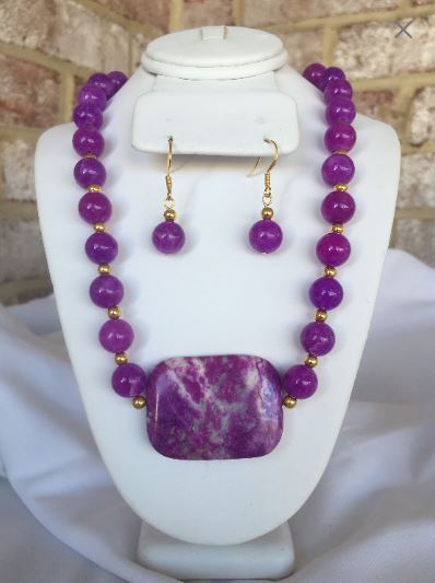 Purple Crazy Lace Agate Pendant Necklace and Dangle Earrings Set