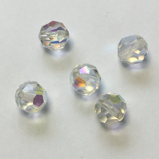Czech Fire Polished Crystal AB Faceted Round Beads, 7 mm, 5 Beads