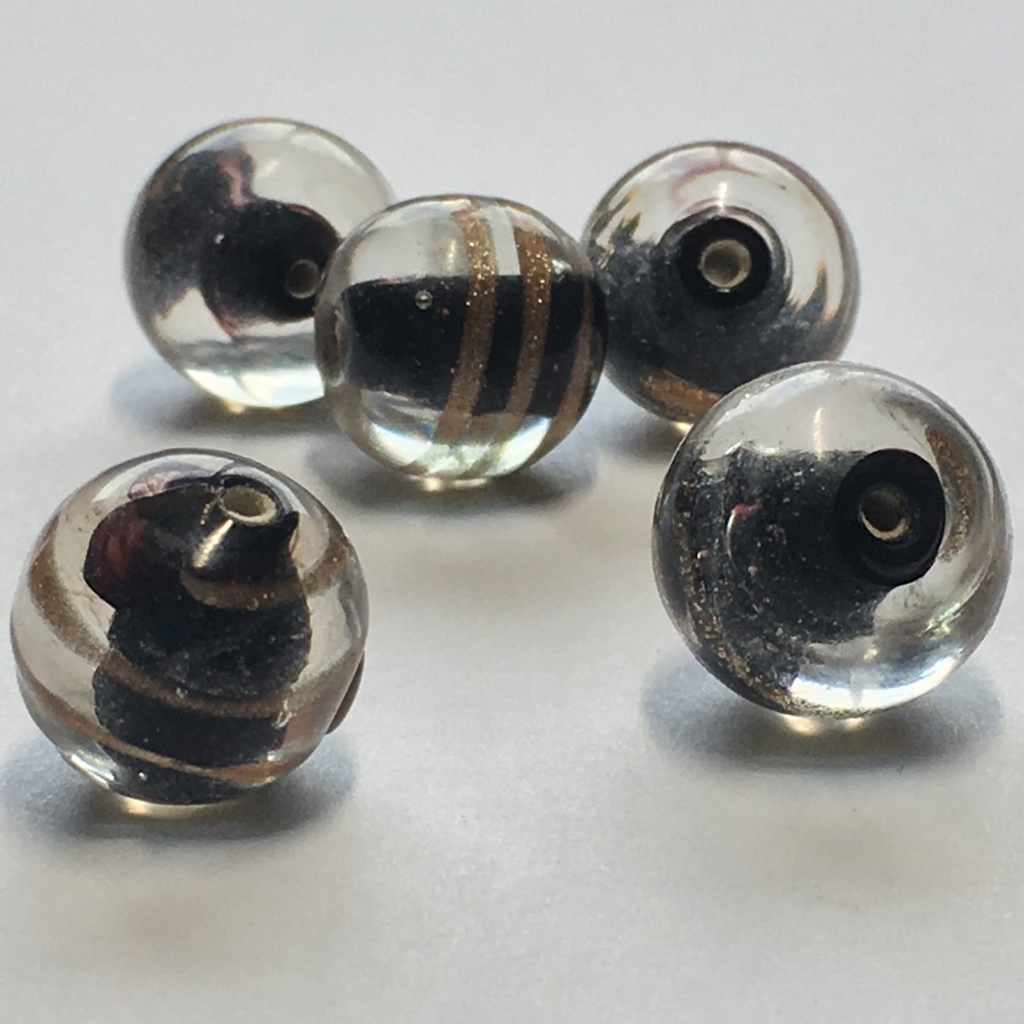 Clear Black Lined Glass Lampwork Round Beads with Copper Foil Swirls, 12 mm, 5 Beads