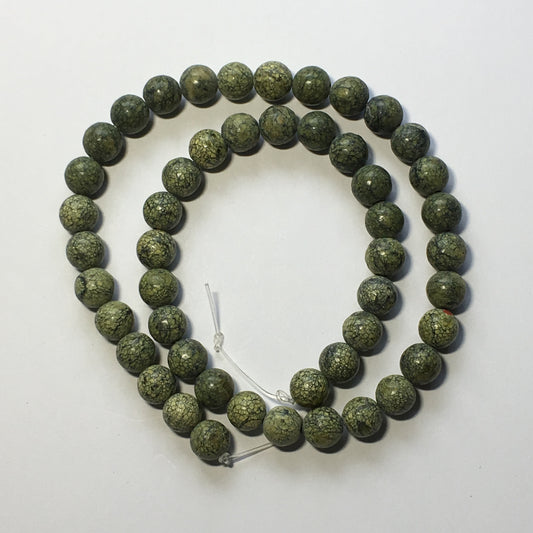 Natural Green Serpentine Semi-Precious Round Stone Beads, 8 mm - 16-Inch Strand; 49 Beads