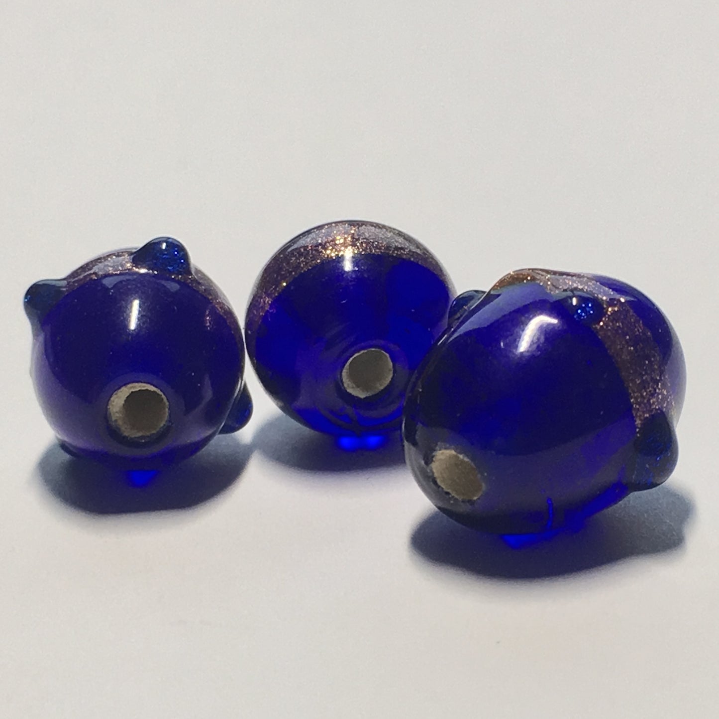 Transparent Cobalt Blue Lampwork Glass with Copper Foil Swirl, Ovals and Round, 3 Beads