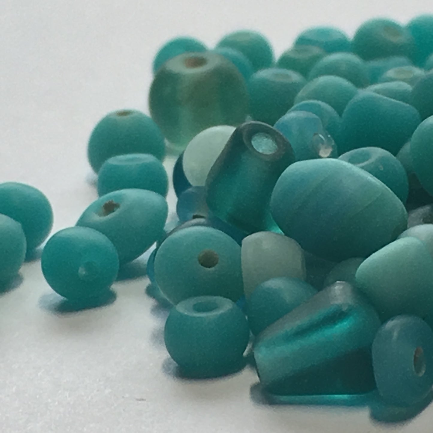 Frosted Teal Green Glass Bead Mix, Rounds, Saucers and Others, Over 100 Beads