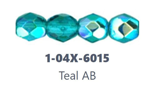 Czech Fire Polish 04X-6015 Teal AB Faceted Glass Beads, 4 mm - 50 Beads