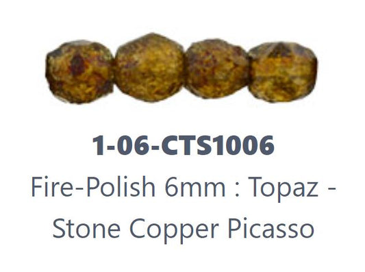 Czech Fire Polish 06-CTS1006 Topaz - Stone Copper Picasso 6 mm Faceted Round Glass Beads - 25 Beads