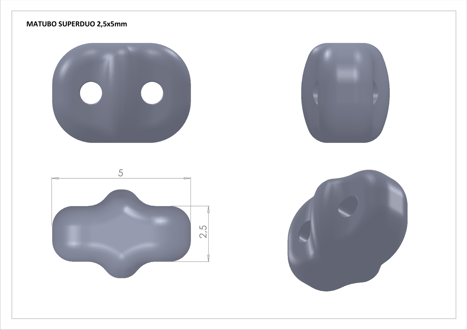 Gray plastic component with two holes and measurements on a white background
