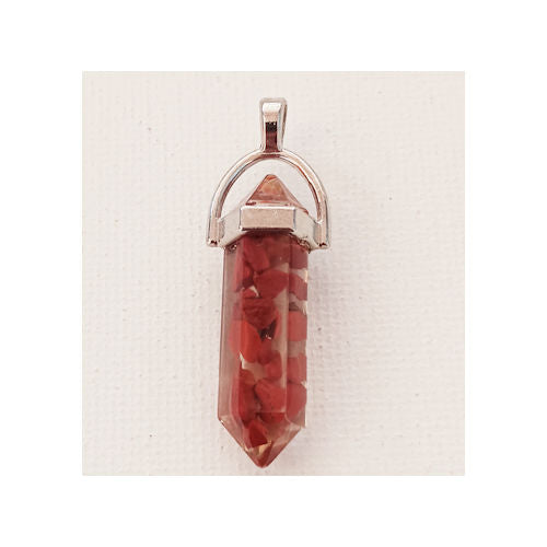 Red Jasper Semi-Precious Stone and Resin Hexagon Point Pendant in Silver Color Bail, 40 x 8 mm