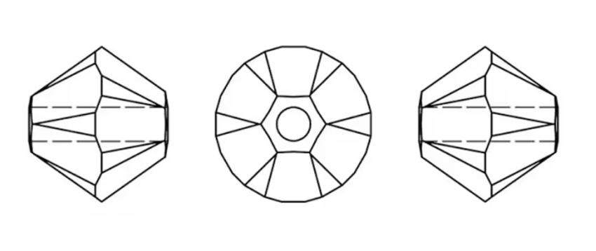 Line drawing of a crystal bead from three different angles on a white background