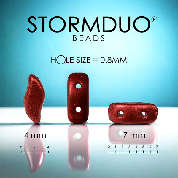 Red beads with measurements on a reflective surface and blue background, featuring the brand 'STORMDUO'.