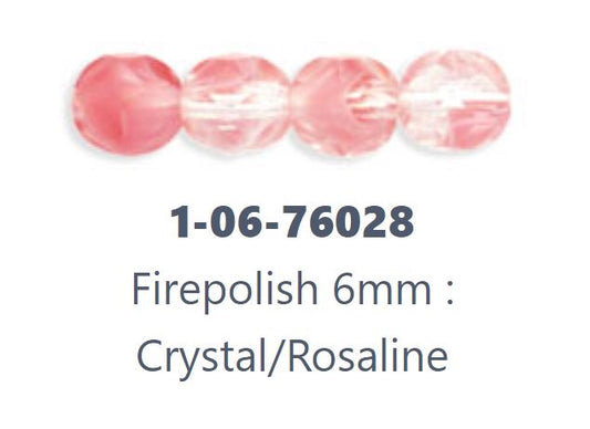 Czech Fire Polish 06-76028 Crystal/Rosaline 6 mm Faceted Round Glass Beads - 25 Beads