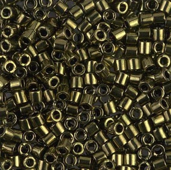 A dense pile of metallic seed beads with a dark bronze finish, showing their cylindrical shape and central holes.