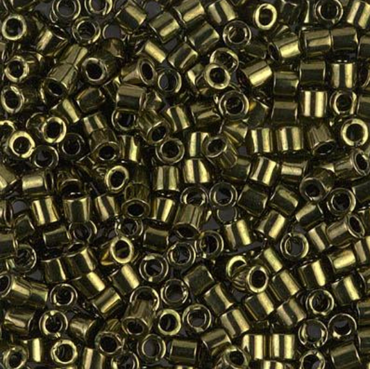 A dense pile of metallic seed beads with a dark bronze finish, showing their cylindrical shape and central holes.