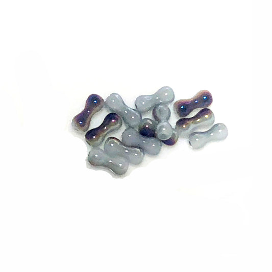 Peanut / Bone Shaped Glass Beads, Purple Iridescence on Alabaster, 8 x 3 mm - 13 Beads