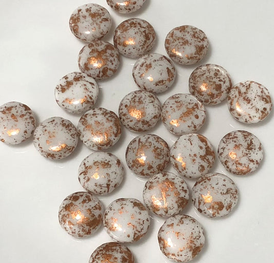 Czech Cabachon Candy 12 mm Alabaster Copper Splash Beads - 12 Beads