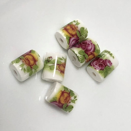 Czech Ceramic Cylinder Beads, White with Pink Roses/Green Leaves, 10 x 8 mm, 6 Beads