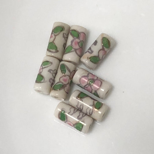 Czech Ceramic Cylinder Beads, White with Pink Flower/Green Leaves, 11.5 x 5 mm, 8 Beads