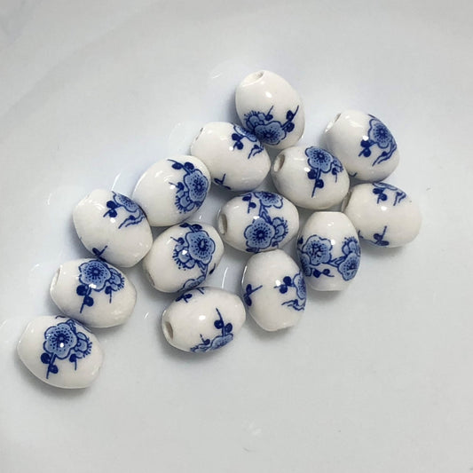 Czech Ceramic Oval Beads, White with Blue Flowers, 10 x 8 mm, 14 Beads