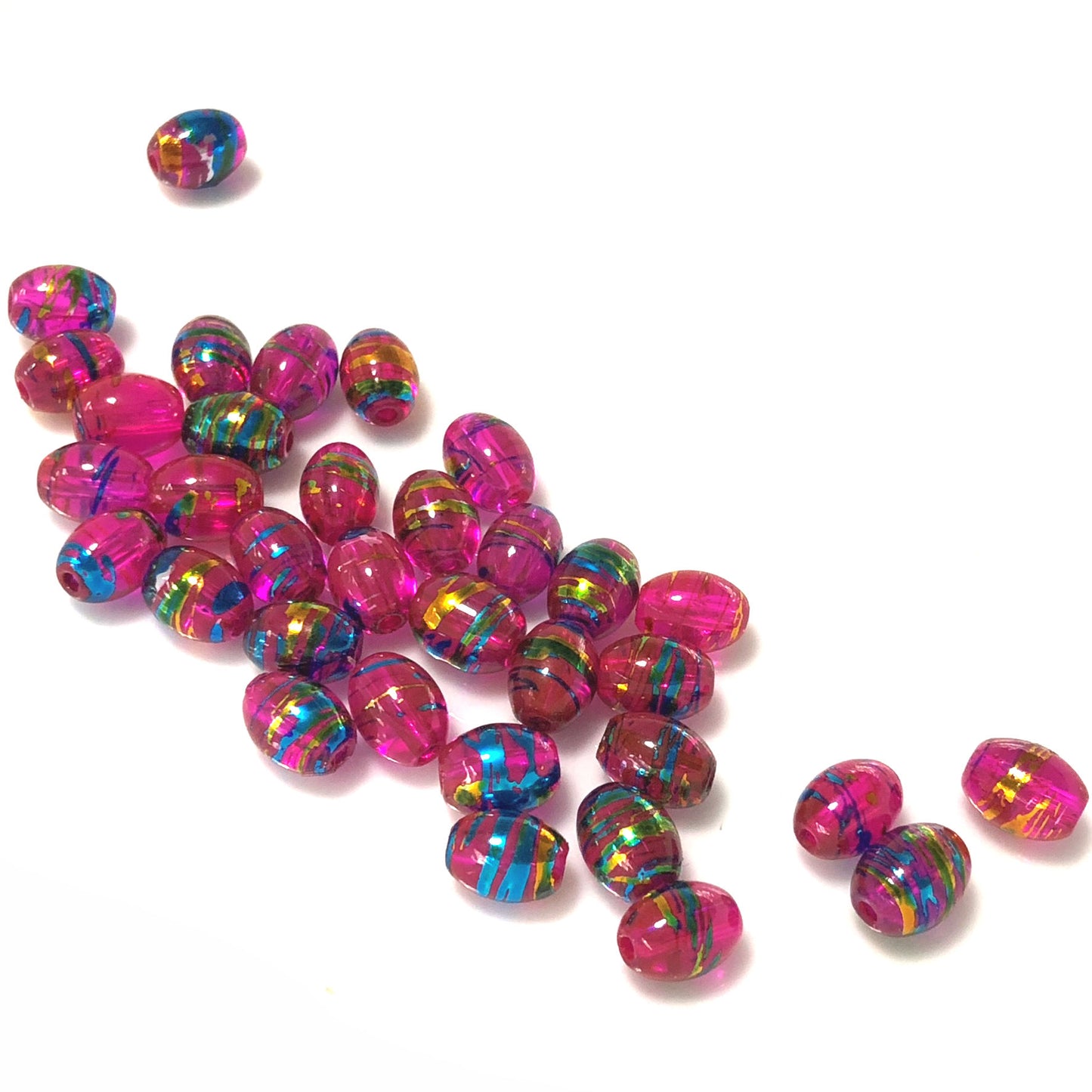 Transparent Hot Pink with Foil Blue, Gold and Green Drizzles Oval Glass Beads, 8 mm - 34 Beads