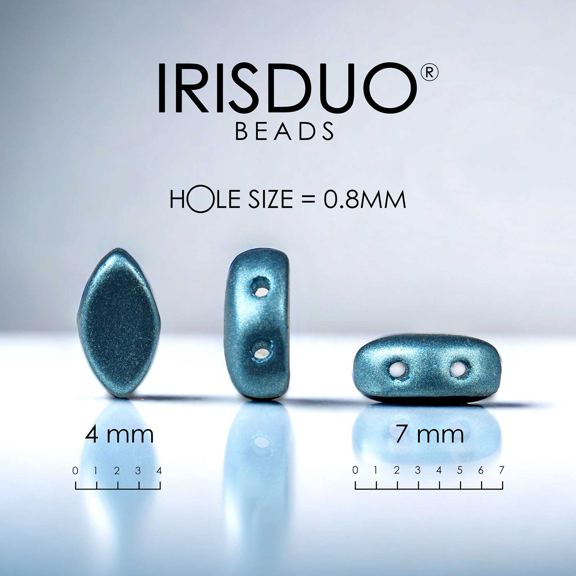 Three blue beads with size indicators and 'IRISDUO BEADS' branding on a light gray background.