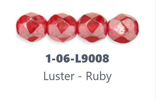 Czech Fire Polish 06-L9008 Ruby Red Luster 6 mm Faceted Round Glass Beads - 25 Beads