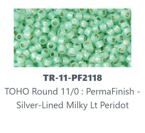 TOHO TR-11-PF2118  11/0 PermaFinish Silver Lined Milky Light Peridot Green Seed Beads - 5 or 10 gm