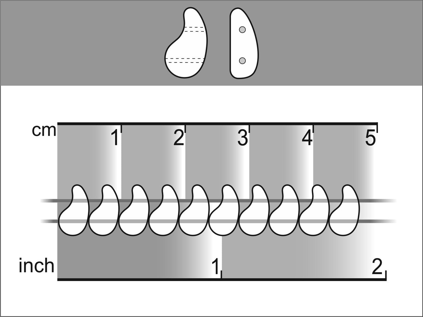 Measurement scale showing centimeters and inches with a close-up of a bead on top.