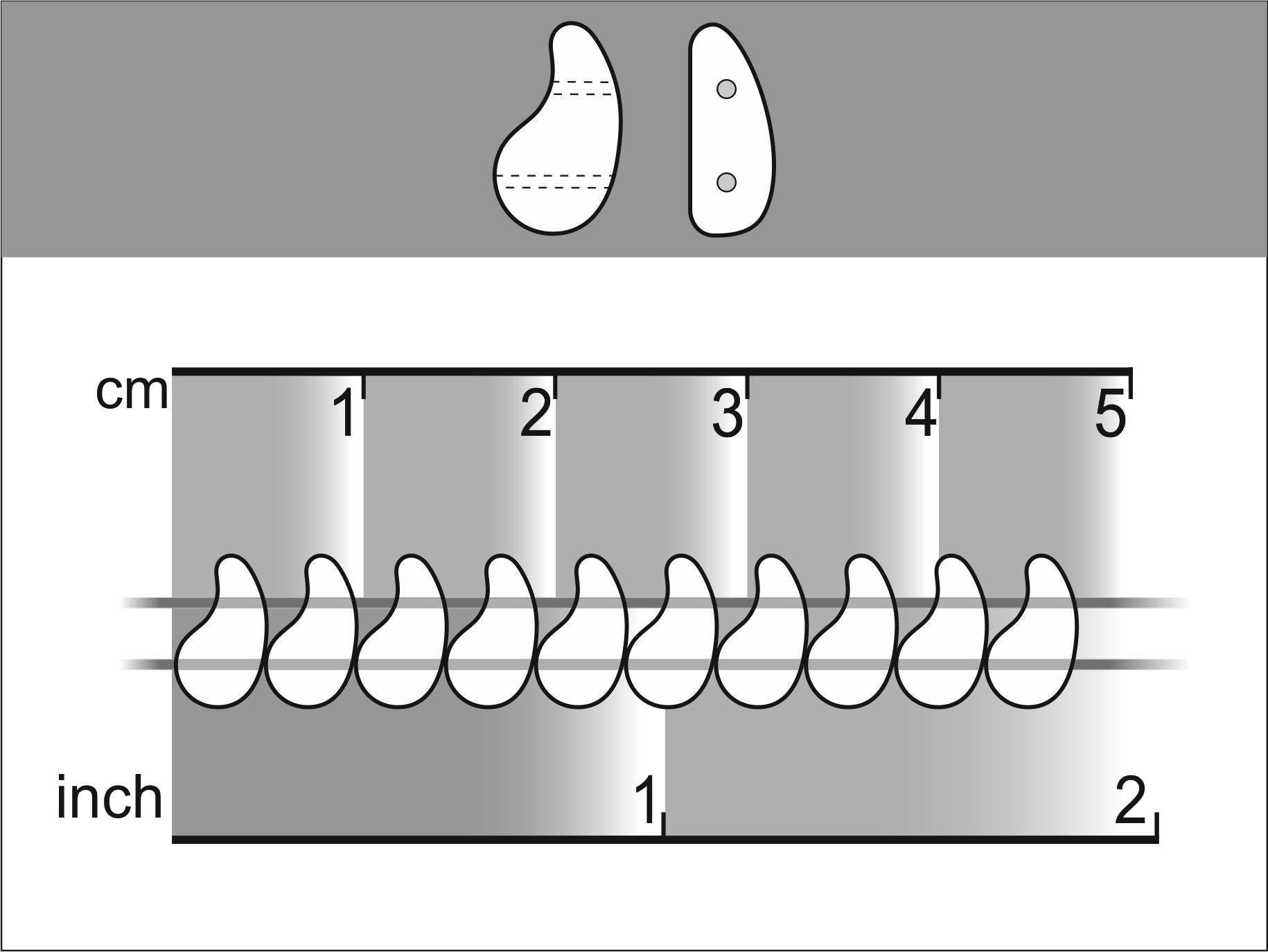 Measurement scale showing centimeters and inches with a close-up of a bead on top.