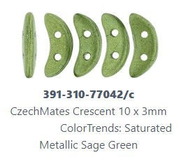 Czechmates Crescent  10 x 3 mm Saturated Metallic Sage Green Glass Beads - 30 Beads