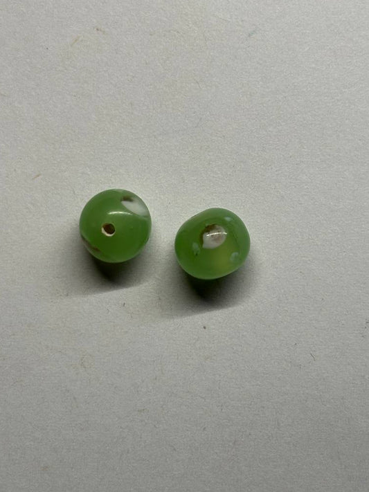 Light Green with Petals Round Druk Glass Beads 9-10mm – 2 Beads