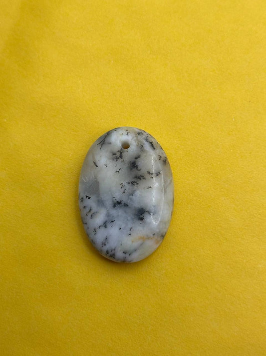 Oval-shaped stone with black speckles on a yellow background